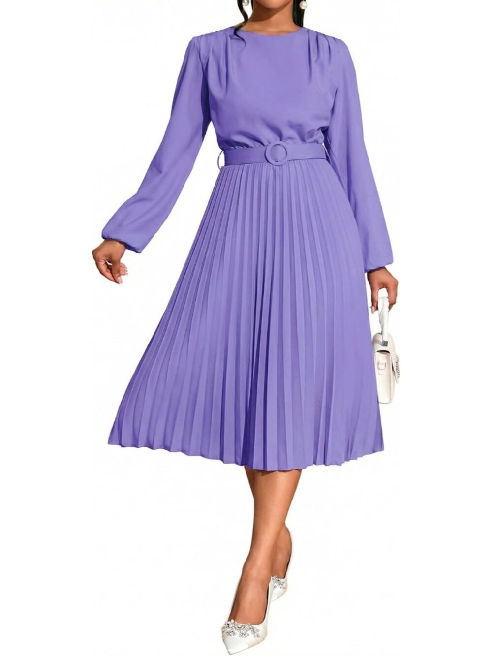 🆕Women's Purple Pleated Midi Dress Long Sleeve Semi Formal Dress Casual - Picture 3 of 6